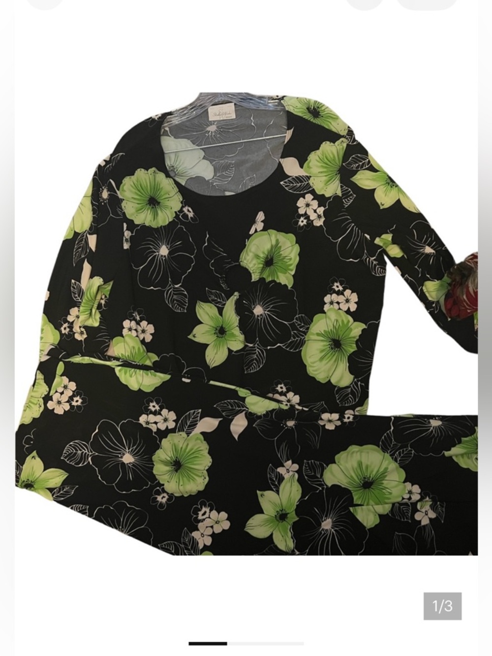Studio Works Black and Green Floral Scoop Neck Top and skirt set